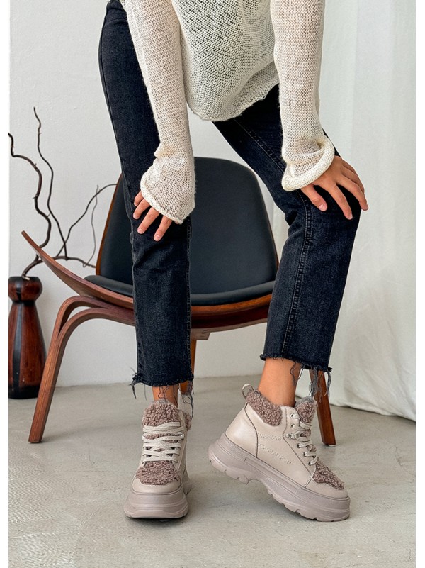 Жіночі шкіряні черевики Тедді на шнурівці (хутро) кавового кольору 35249