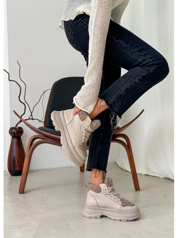 Жіночі шкіряні черевики Тедді на шнурівці (хутро) кавового кольору 35249