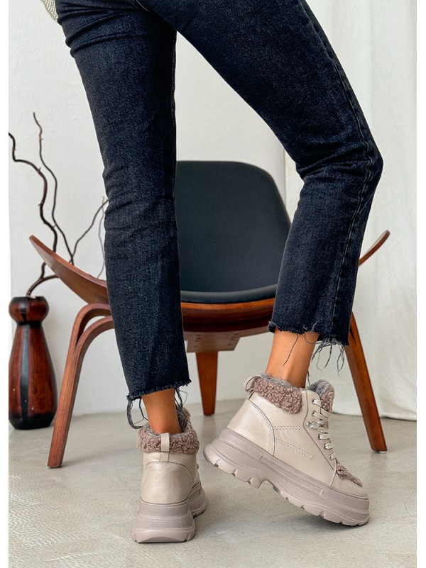 Жіночі шкіряні черевики Тедді на шнурівці (байка) кавового кольору 35250