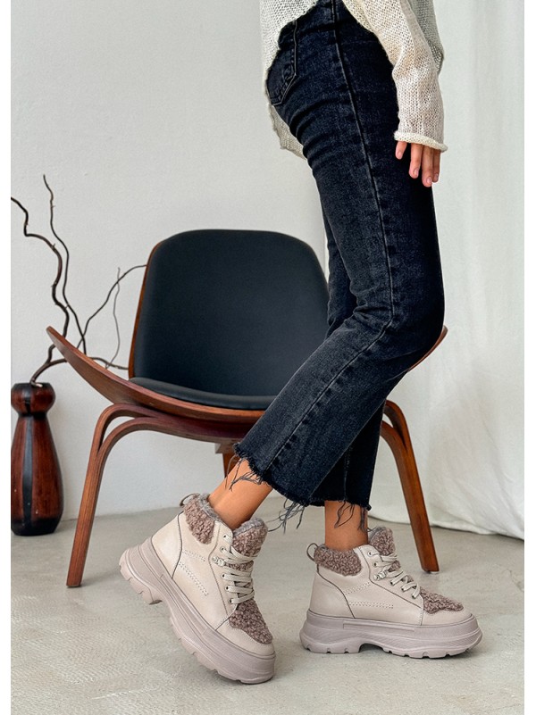 Жіночі шкіряні черевики Тедді на шнурівці (байка) кавового кольору 35250