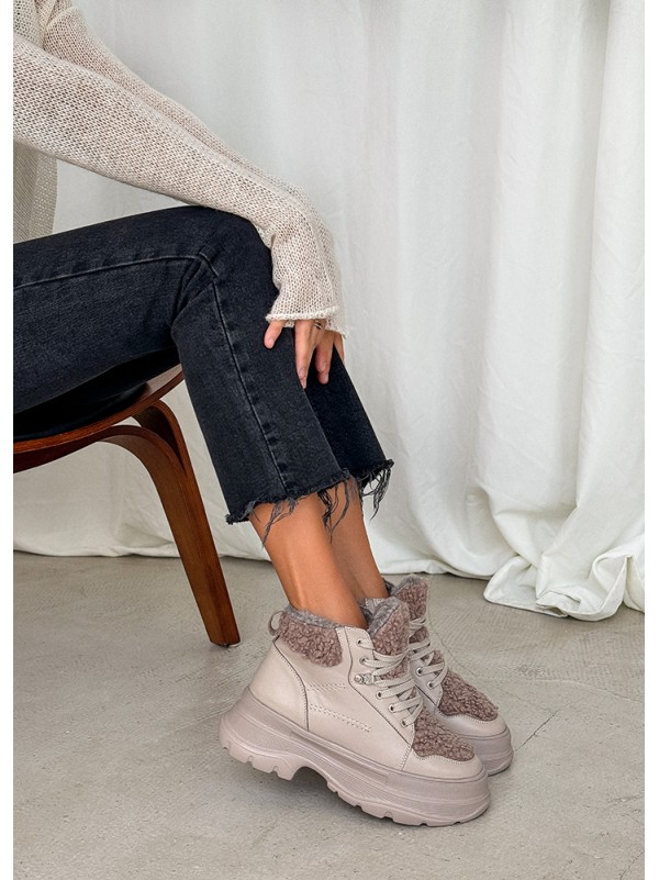 Жіночі шкіряні черевики Тедді на шнурівці (байка) кавового кольору 35250