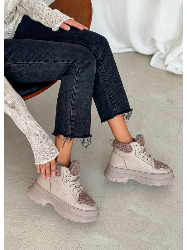 Жіночі шкіряні черевики Тедді на шнурівці (байка) кавового кольору 35250