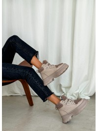 Жіночі шкіряні черевики Тедді на шнурівці (байка) кавового кольору 35250