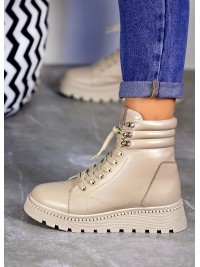 Жіночі шкіряні черевики (хутро) на шнурівці кавового кольору 35251