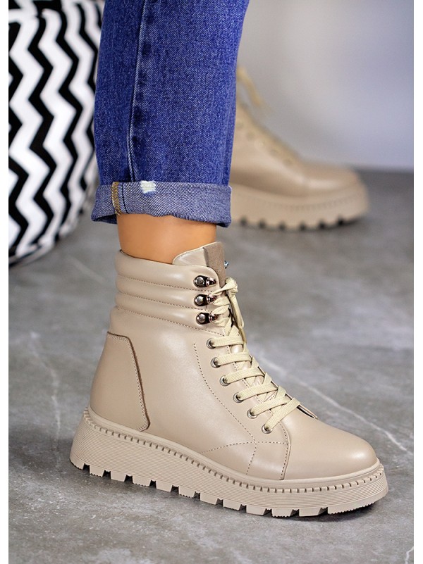 Жіночі шкіряні черевики (байка) на шнурівці кавового кольору 35252