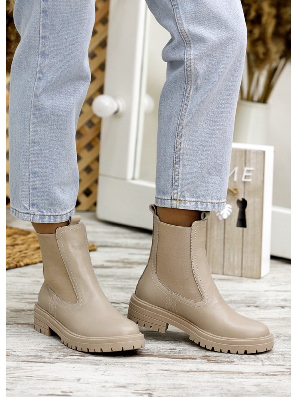 Жіночі шкіряні черевики з резинкою (хутро) бежевого кольору 35255
