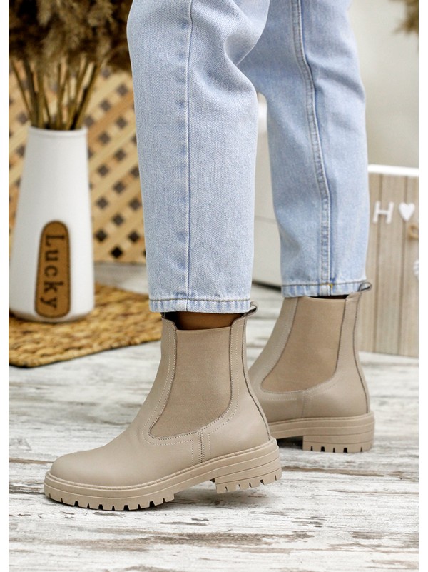 Жіночі шкіряні черевики з резинкою (хутро) бежевого кольору 35255