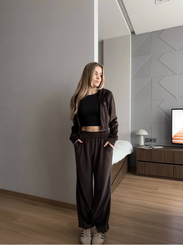 Жіночий велюровий костюм з камiнцями коричневого кольору 35276