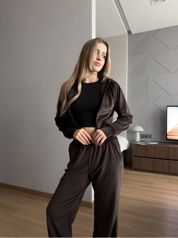 Жіночий велюровий костюм з камiнцями коричневого кольору 35276