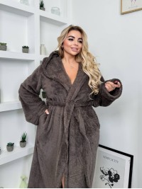 Жіночий махровий халат з капюшоном коричневого кольору 35281