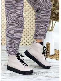 Жіночі шкіряні черевики на шнурівці (хутро) бежевого кольору 35322