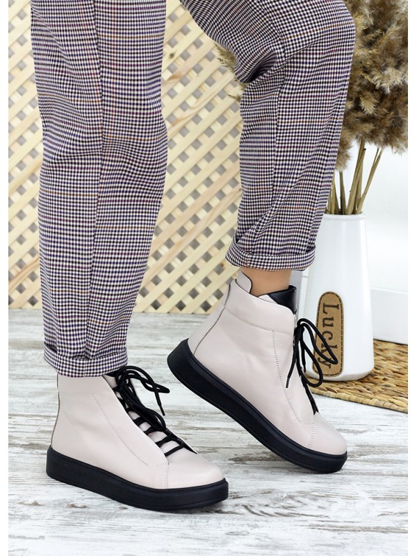 Жіночі шкіряні черевики на шнурівці (хутро) бежевого кольору 35322