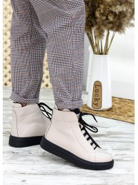 Жіночі шкіряні черевики на шнурівці (хутро) бежевого кольору 35322
