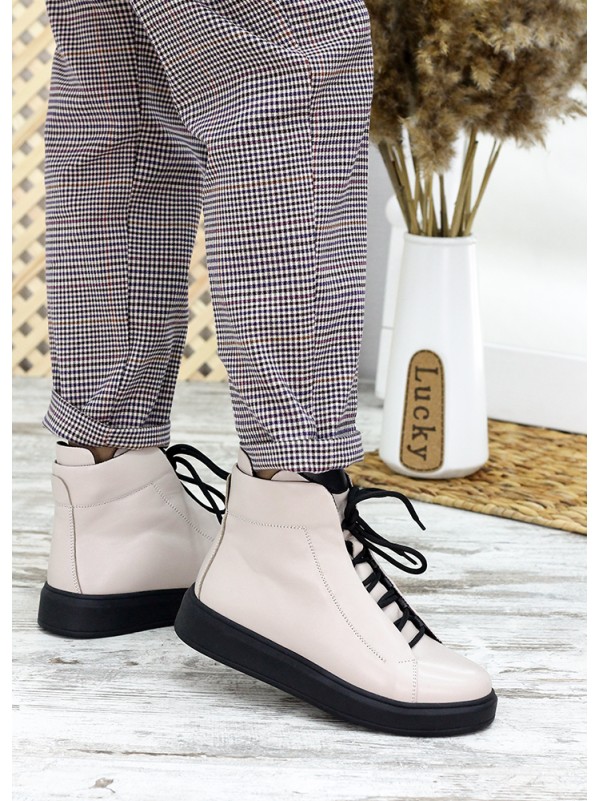 Жіночі шкіряні черевики на шнурівці (хутро) бежевого кольору 35322