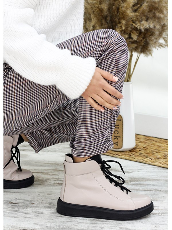Жіночі шкіряні черевики на шнурівці (хутро) бежевого кольору 35322