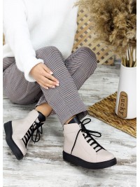 Жіночі шкіряні черевики на шнурівці (хутро) бежевого кольору 35322