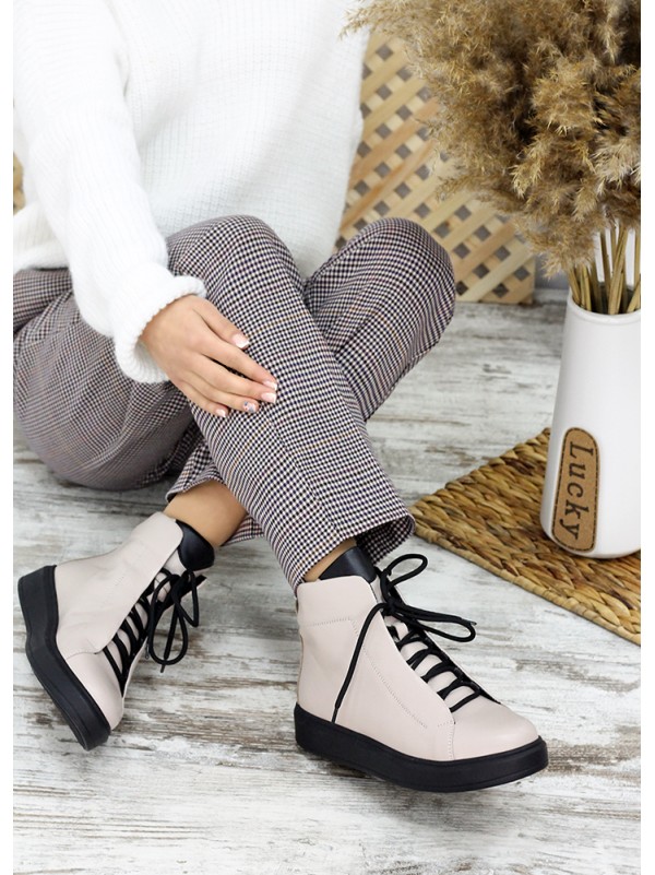 Жіночі шкіряні черевики на шнурівці (хутро) бежевого кольору 35322