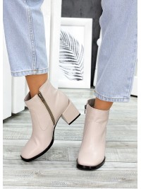 Жіночі шкіряні черевики на каблуку (байка) бежевого кольору 35324