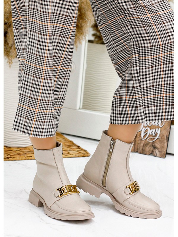 Жіночі шкіряні черевики на змійці (хутро) бежевого кольору 35326