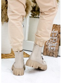 Жіночі шкіряні черевики з тракторною підошвою (хутро) бежевого кольору 35327