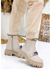 Жіночі шкіряні черевики з тракторною підошвою (хутро) бежевого кольору 35327