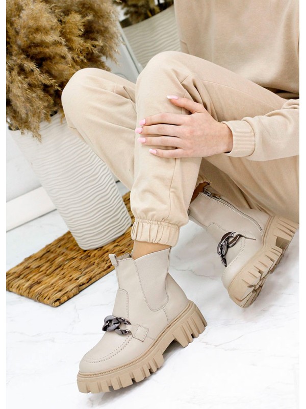 Жіночі шкіряні черевики з тракторною підошвою (байка) бежевого кольору 35328