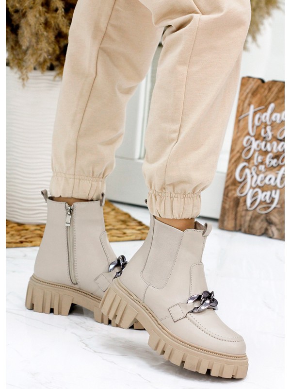 Жіночі шкіряні черевики з тракторною підошвою (байка) бежевого кольору 35328