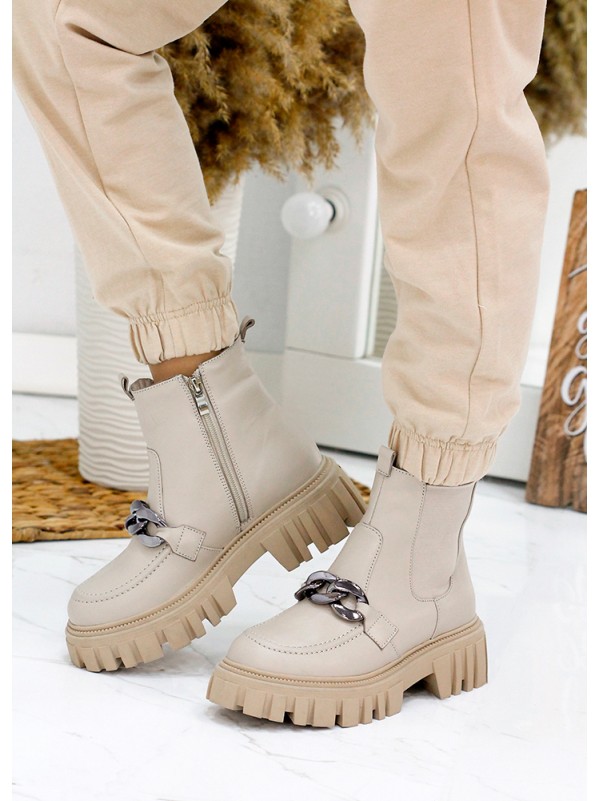 Жіночі шкіряні черевики з тракторною підошвою (байка) бежевого кольору 35328