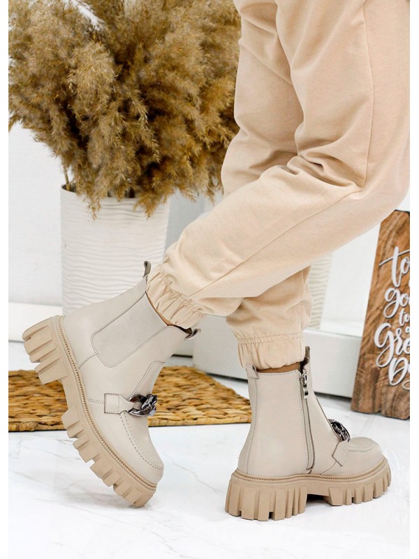 Жіночі шкіряні черевики з тракторною підошвою (байка) бежевого кольору 35328