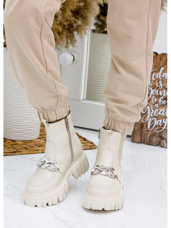Жіночі шкіряні черевики з резинкою (байка) бежевого кольору 35329