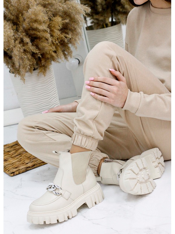 Жіночі шкіряні черевики з резинкою (байка) бежевого кольору 35329