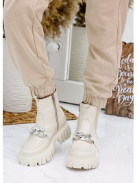 Жіночі шкіряні черевики з резинкою (хутро) бежевого кольору 35330