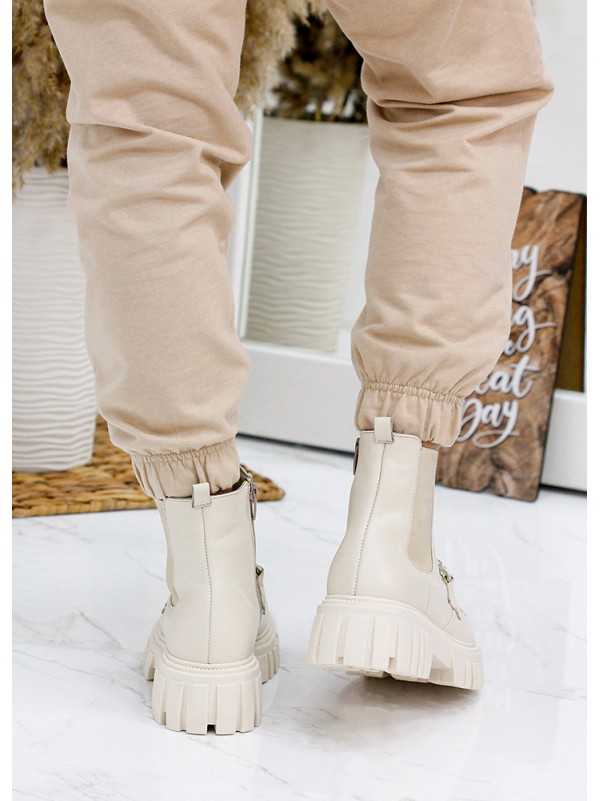 Жіночі шкіряні черевики з резинкою (хутро) бежевого кольору 35330