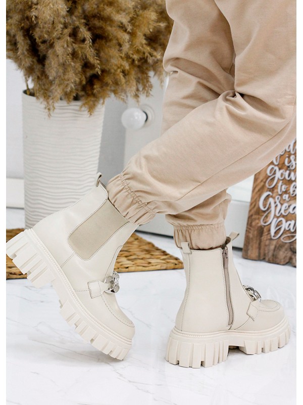 Жіночі шкіряні черевики з резинкою (хутро) бежевого кольору 35330