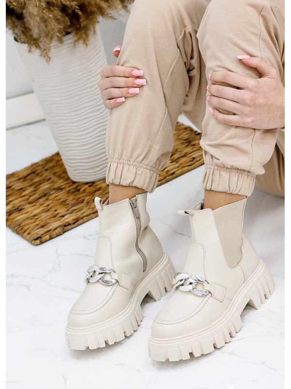 Жіночі шкіряні черевики з резинкою (хутро) бежевого кольору 35330