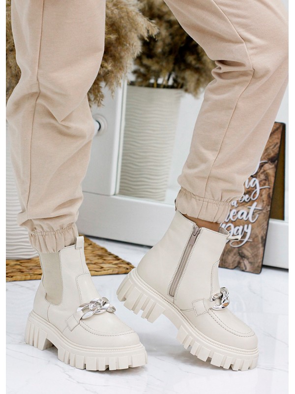 Жіночі шкіряні черевики з резинкою (хутро) бежевого кольору 35330
