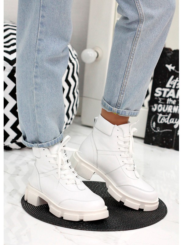 Жіночі шкіряні черевики на шнурівці (хутро) білого кольору 35331