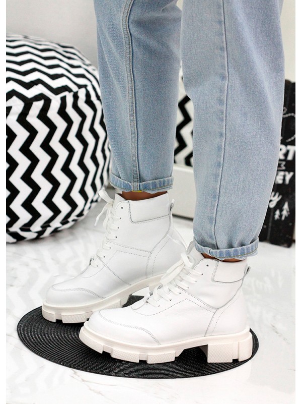 Жіночі шкіряні черевики на шнурівці (хутро) білого кольору 35331