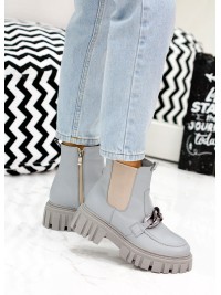 Жіночі шкіряні черевики на змійці (хутро) блакитного кольору 35335