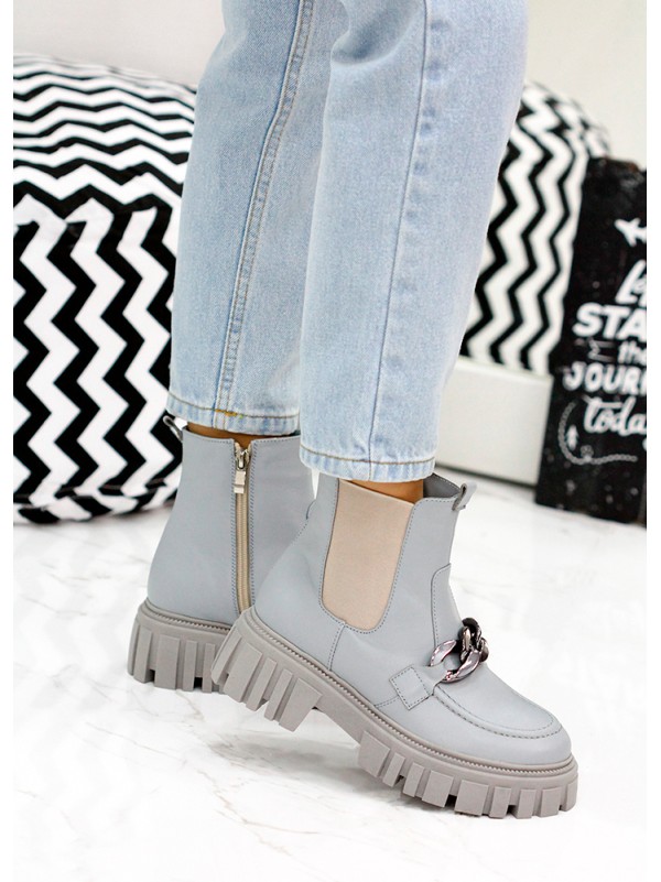 Жіночі шкіряні черевики на змійці (хутро) блакитного кольору 35335