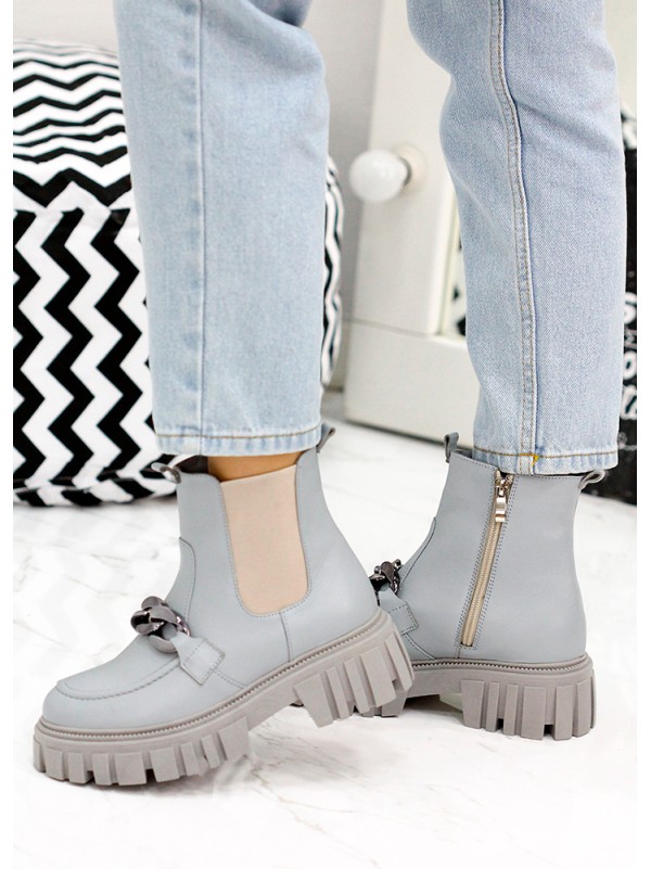 Жіночі шкіряні черевики на змійці (хутро) блакитного кольору 35335