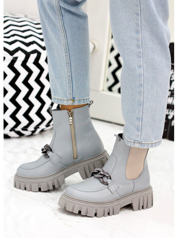 Жіночі шкіряні черевики на змійці (хутро) блакитного кольору 35335