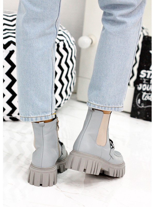 Жіночі шкіряні черевики на змійці (хутро) блакитного кольору 35335