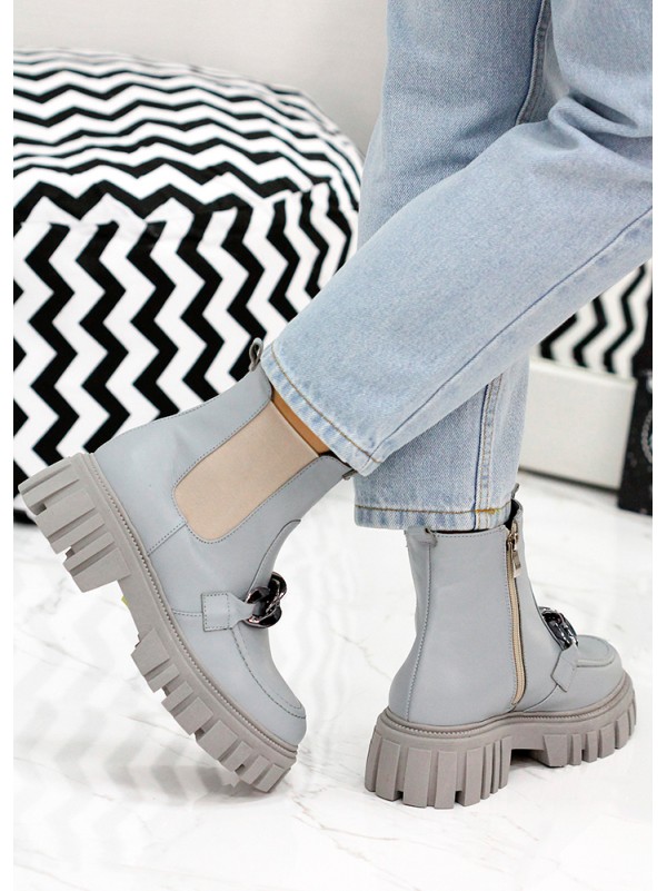 Жіночі шкіряні черевики на змійці (хутро) блакитного кольору 35335