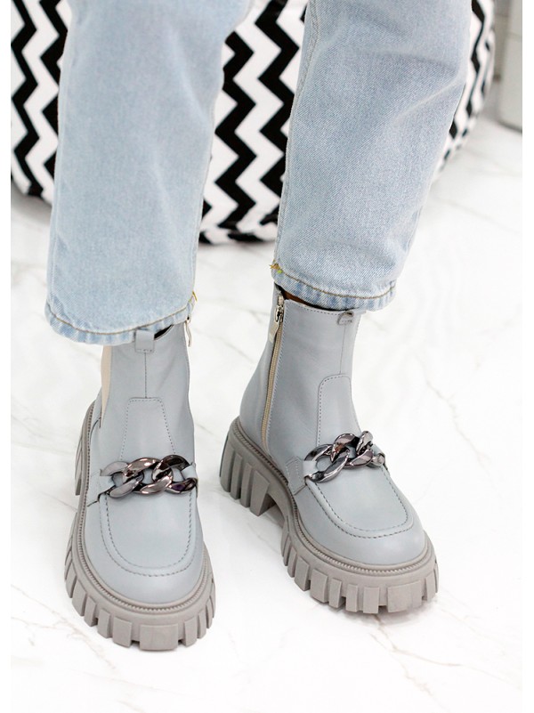 Жіночі шкіряні черевики на змійці (хутро) блакитного кольору 35335