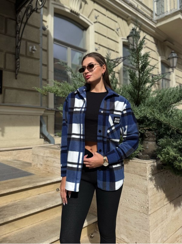 Жіноча флiсова сорочка в клітинку синього кольору 35365