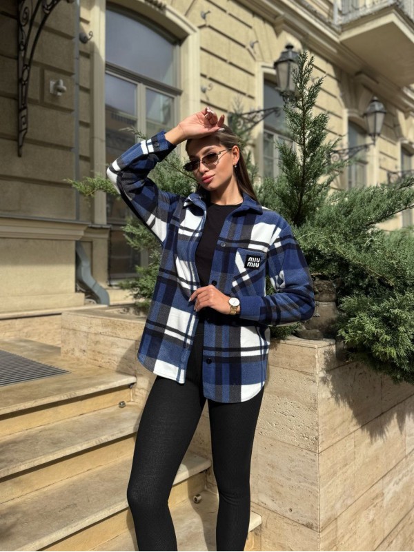 Жіноча флiсова сорочка в клітинку синього кольору 35365