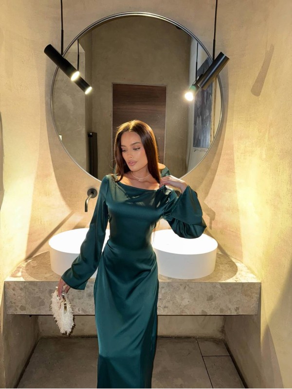 Вечірня шовкова сукня максі зеленого кольору 35375