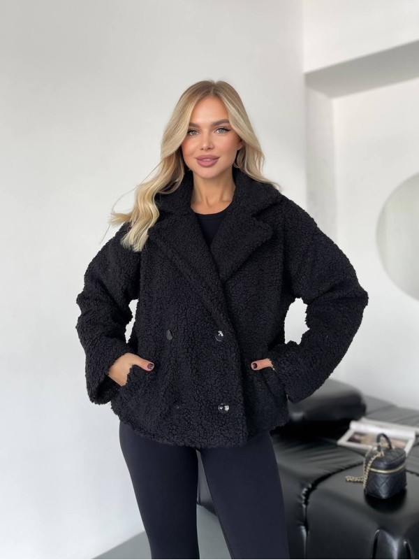 Жіноча коротка шуба-куртка з букле чорного кольору 35405