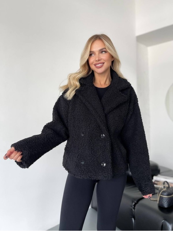 Жіноча коротка шуба-куртка з букле чорного кольору 35405